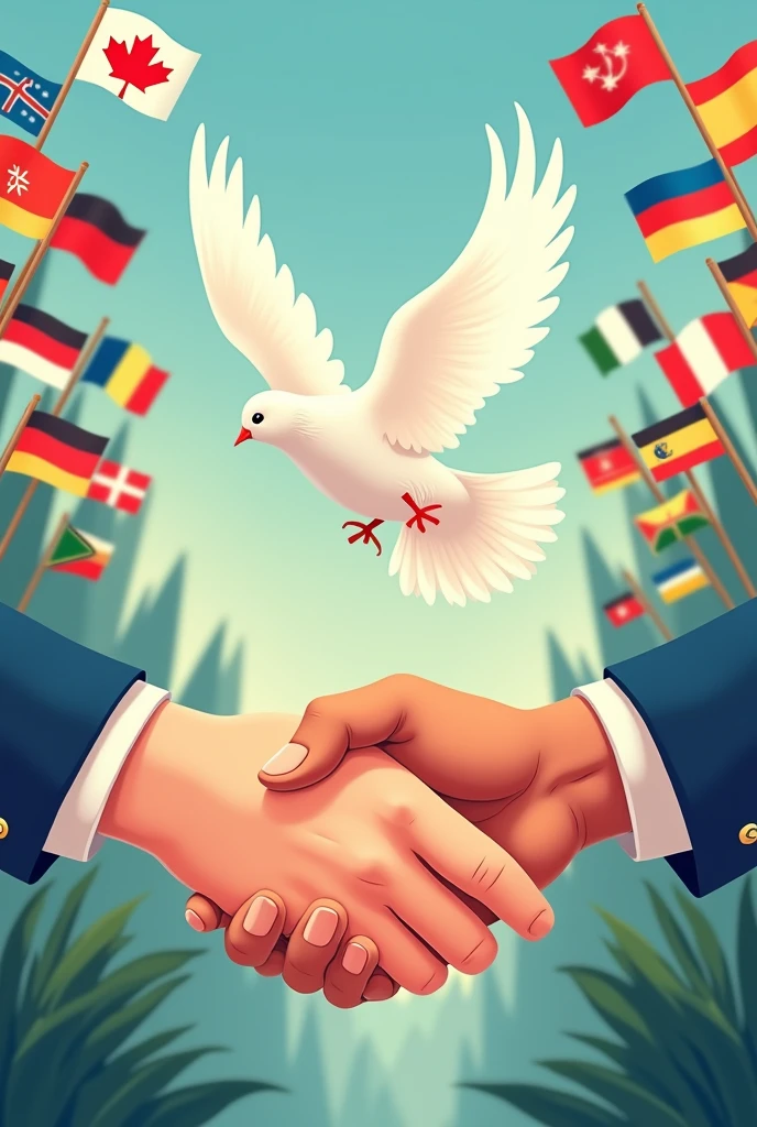 Peace poster for Lions International showing the flags of the countries, white dove of peace, Handshake, something that brings peace