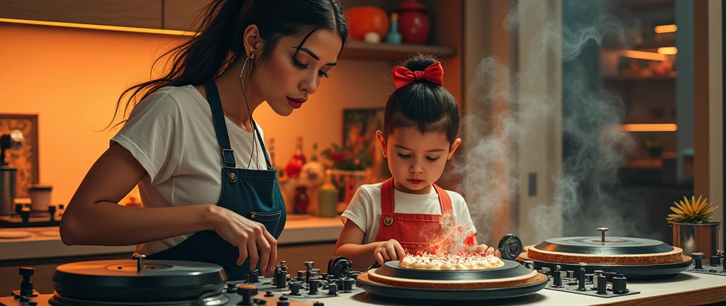 a female DJ AND A CHILD cooking in CAKE SHAPE on turntables on a stove, beautiful detailed eyes, beautiful detailed lips, extremely detailed eyes and face, long eyelashes, painting, oil painting, 8K, high quality, hyperrealistic, intricate details , vibrant colors, dramatic lighting, cinematic composition, dynamic pose, smoking frying pan, kitchen stove, modern kitchen interior, warm color tones, photorealistic