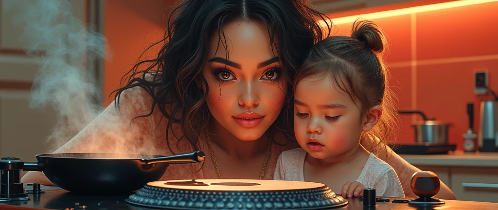 a female DJ AND A CHILD cooking in CAKE SHAPE on turntables on a stove, beautiful detailed eyes, beautiful detailed lips, extremely detailed eyes and face, long eyelashes, painting, oil painting, 8K, high quality, hyperrealistic, intricate details , vibrant colors, dramatic lighting, cinematic composition, dynamic pose, smoking frying pan, kitchen stove, modern kitchen interior, warm color tones, photorealistic
