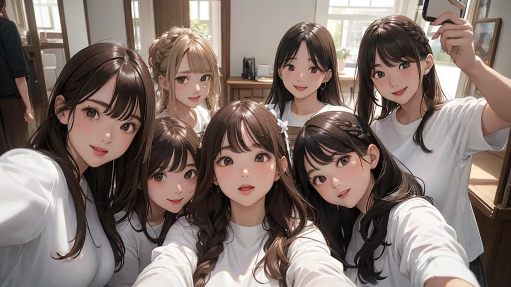 (From below:1.4)、(Five Girls:1.4),(First 2 people、Back 3 people)、Light brown fringe hair、Braided hair、Disheveled Hair、Light brown eyes、(Dignified look)、(Big Tits:1.4)、Highlight the valley、Dressing room、(Photorealistic)、Shadow、(Intricate details:1.2)、(masterpiece、:1.3)、(Highest quality:1.4)、(Ultra-high resolution:1.2)、Ultra-high resolution、(Detailed eyes)、(Detailed facial features)、(White shirt:1.2), (Selfie:1.3)、Girls standing in a row、Everyone sticking out their tongues