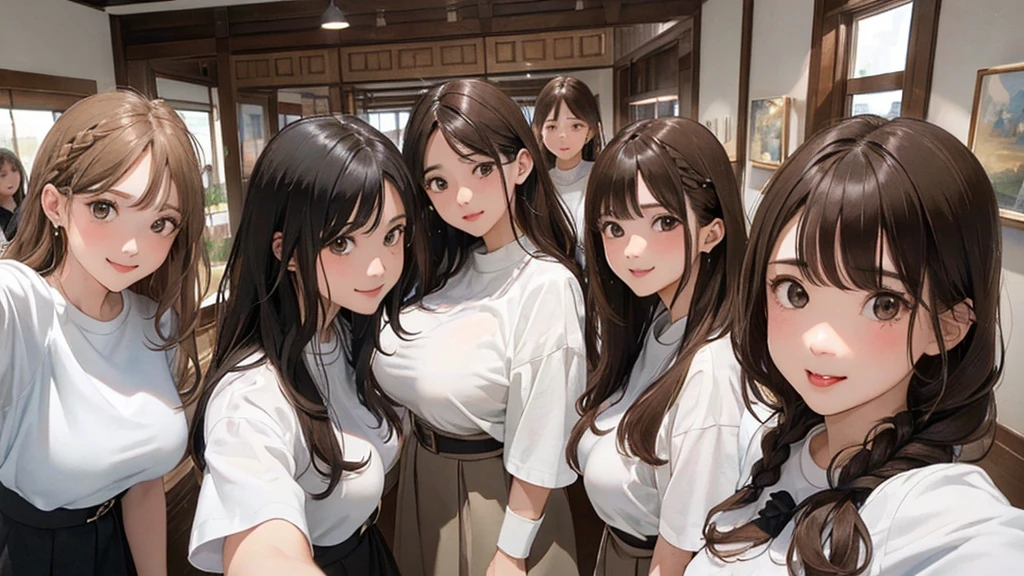 (From below:1.4)、(Five Girls:1.4),(First 2 people、Back 3 people)、Light brown fringe hair、Braided hair、Disheveled Hair、Light brown eyes、(Dignified look)、(Big Tits:1.4)、Highlight the valley、Dressing room、(Photorealistic)、Shadow、(Intricate details:1.2)、(masterpiece、:1.3)、(Highest quality:1.4)、(Ultra-high resolution:1.2)、Ultra-high resolution、(Detailed eyes)、(Detailed facial features)、(White shirt:1.2), (Selfie:1.3)、Girls standing in a row、Everyone sticking out their tongues