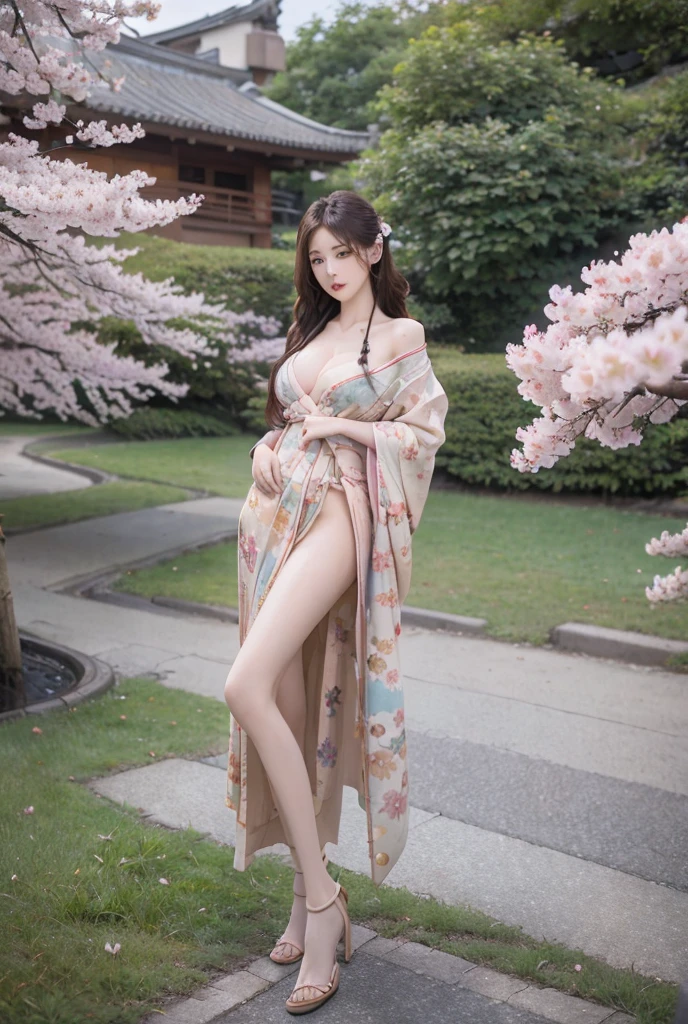Extremely detailed CG Unity 8K wallpaper, Highest quality,Very detailed,masterpiece, Textured skin, Realistic,Very long hair,Colorful Hair, Hair blowing in the wind, Large Breasts, Sad expression, Full Body Portrait,Standing posture,Open-chested kimono,Cherry blossom trees,Flower storm