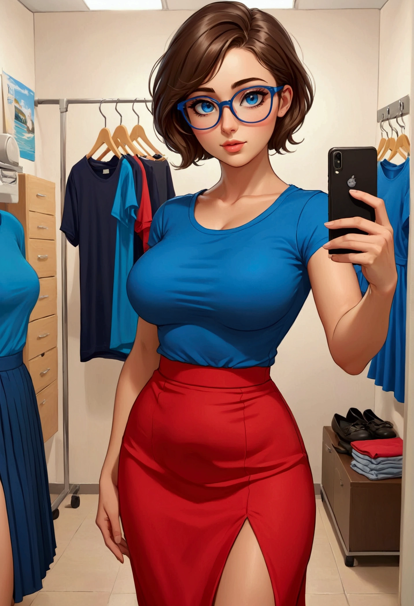 20 years old woman, Short brown hair, Mediterranean with blue eyes, Generous and heavy breasts, slender waist, definition of l'estomac, fesses rebondies et pulpeuses, naturally curved, muscular thighs, aguicheuse , blue eye, lunettes, fitting room, Long skirt, tee short, Selfie