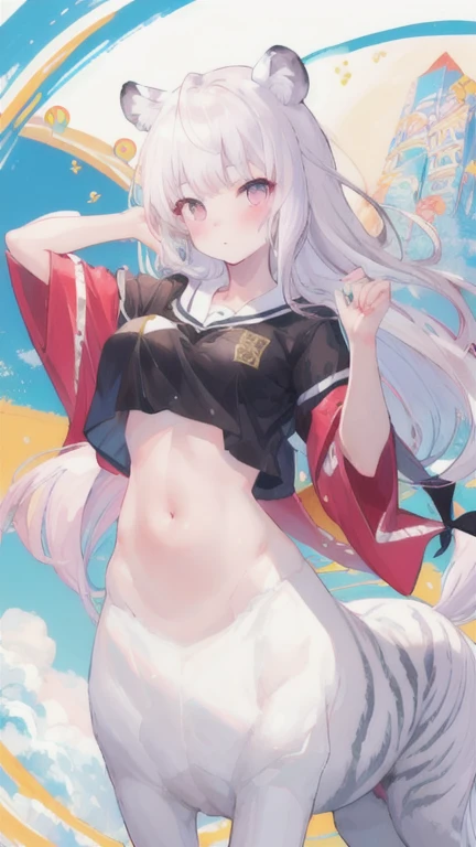 (best quality, masterpiece), 1 girl, centaur, I beg, White skin, Japanese schoolgirl,daughter,black pink, exposing the abdomen, belly button t-shirt , beautiful girl perfect, White tiger photo, Perfect swimsuit pictures
