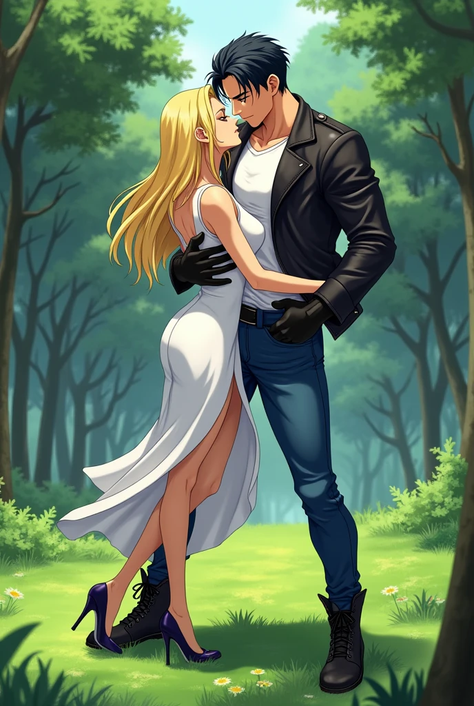 A muscular young man with black hair, wearing a white round-neck shirt and a black leather jacket over it, wearing blue jeans with a zipper down and an erect penis sticking out, black gloves, a black belt, and black combat boots, Having sex with a blonde woman wearing a white dress White dress and high heels In missionary position On the meadow in the forest, anime.
