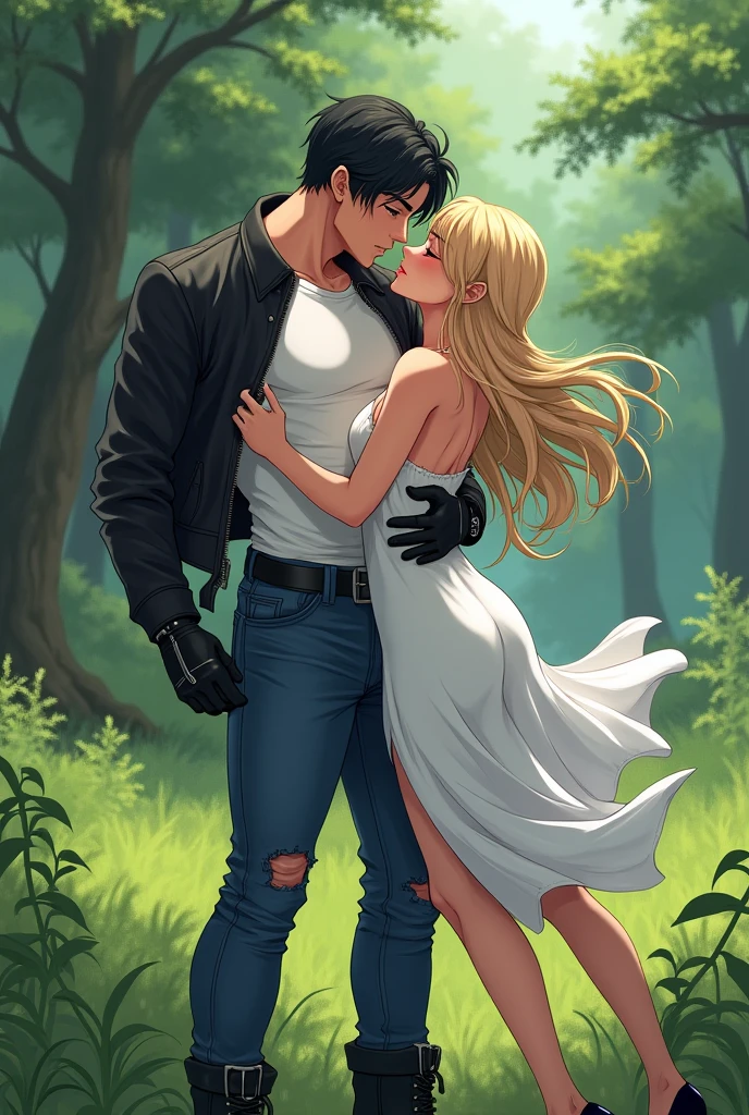 A muscular young man with black hair, wearing a white round-neck shirt and a black leather jacket over it, wearing blue jeans with a zipper down and an erect penis sticking out, black gloves, a black belt, and black combat boots, Having sex with a blonde woman wearing a white dress White dress and high heels In missionary position On the meadow in the forest, anime.
