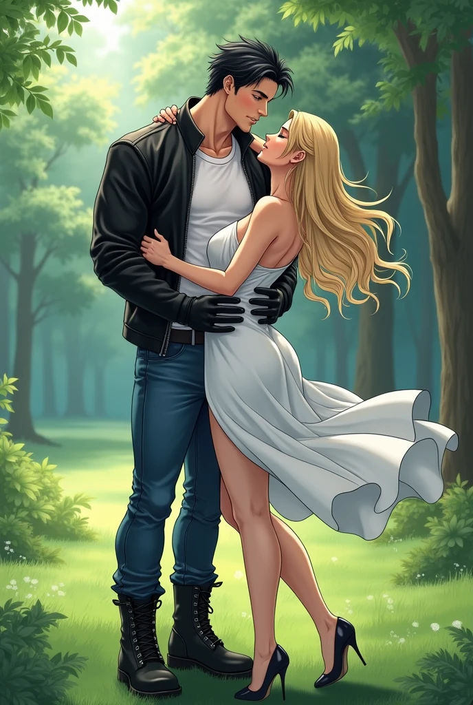 A muscular young man with black hair, wearing a white round-neck shirt and a black leather jacket over it, wearing blue jeans with a zipper down and an erect penis sticking out, black gloves, a black belt, and black combat boots, Having sex with a blonde woman wearing a white dress White dress and high heels In missionary position On the meadow in the forest, anime.