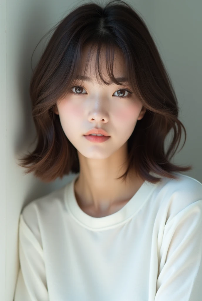 high resolution、A transparent Japanese woman、looking at the camera、body is angled、smile、Moist and shiny hair、Thready hair、cute、Brown Hair、Beautiful young woman who looks like a model、Leaning against a wall、Big eyes、Outline of an inverted triangle、face is slanted45Every time、Straight Hair、The tips are heavy、White crew neck half sleeve top、Hide your chest、Attractive features、Big eyes、Beautiful woman、hoop gold earrings、Long, diagonally swaying bangs、Beautiful like a celebrity、A trendy blunt hairstyle with little volume、Bangs up to the nose、No bangs standing up、Smooth surface hair、Simple chain necklace、A fashionable atmosphere、A mature bob with less volume on top、The hair around the face falls smoothly onto the face.、Natural Makeup、サラサラの艶ありStraight Hair、Cohesive hair、毛先までサラサラなStraight Hair、Straightener、Bob with a Falling Front、
