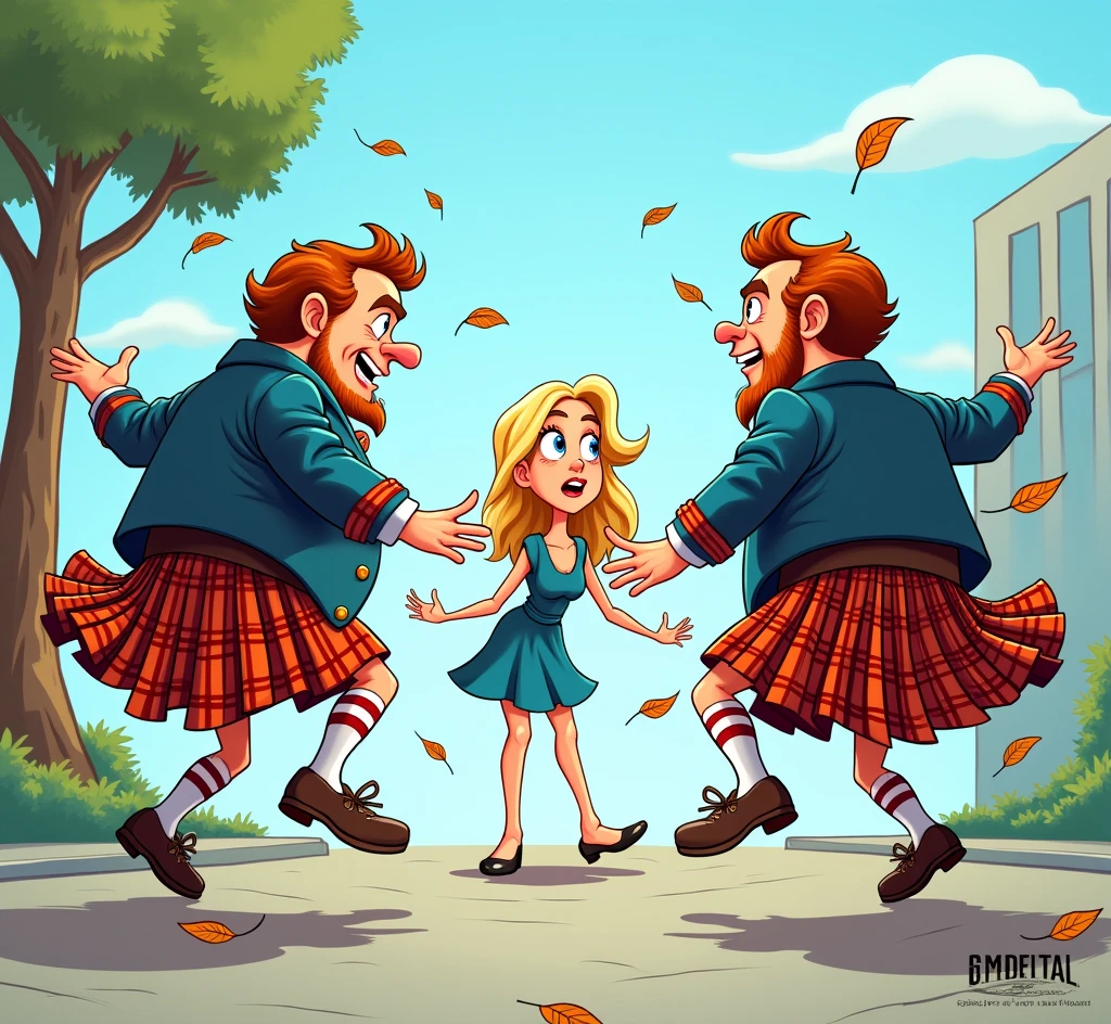 A colorful and exaggerated cartoon scene featuring two men in traditional Scottish kilts, standing with their backs to the viewer and looking to the woman. a very strong gust of wind blows their kilts up, revealing their front side to the woman. The men are mid-jump, adding a playful and exaggerated dynamic to their poses. Their expressions are mischievous, with a sense of playful defiance. Facing them, a blonde woman is in front, looking surprised and covering her mouth in shock, her eyes wide with astonishment. The background includes a simplistic urban setting with a building outline, clear blue sky, and a few leaves swirling in the wind, adding to the comic effect.