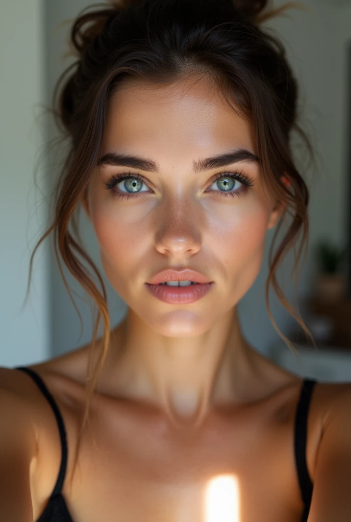 "((Photo d'une belle fille entières)), ((Nationalité espagnol)), ((brune)), ((Cheveux attachés)), La fille a l'air timide, ((Visage détaillé)), ((peau détaillée)), silhouette attrayante, ((grands yeux bleus ronds)), eye-liner ????, ((Lèvres sensuelles)), pose suggestive, ((s&#39;sans aucun vêtement)), ((vient de terminer une séance de sport du matin)), ((La photo doit être de la plus haute qualité)), ((très réaliste)), ((naturel)), ((clair)), environ 20 ans, ((en mode selfi miroir))"