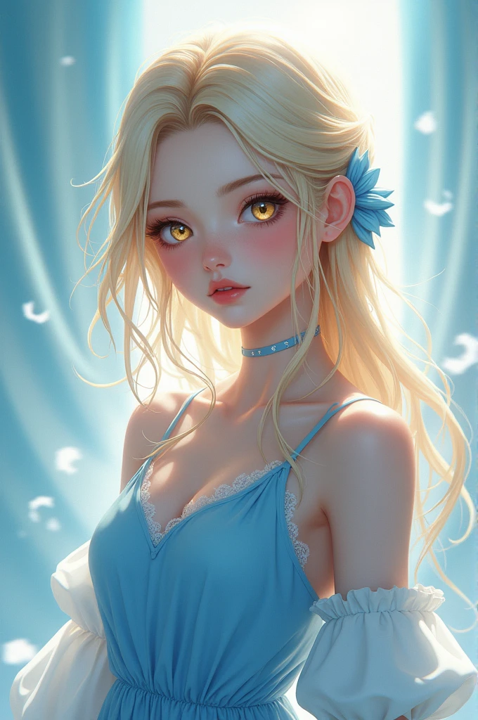blonde girl , super sound hepina, wardrobe between blue and white, light eyes