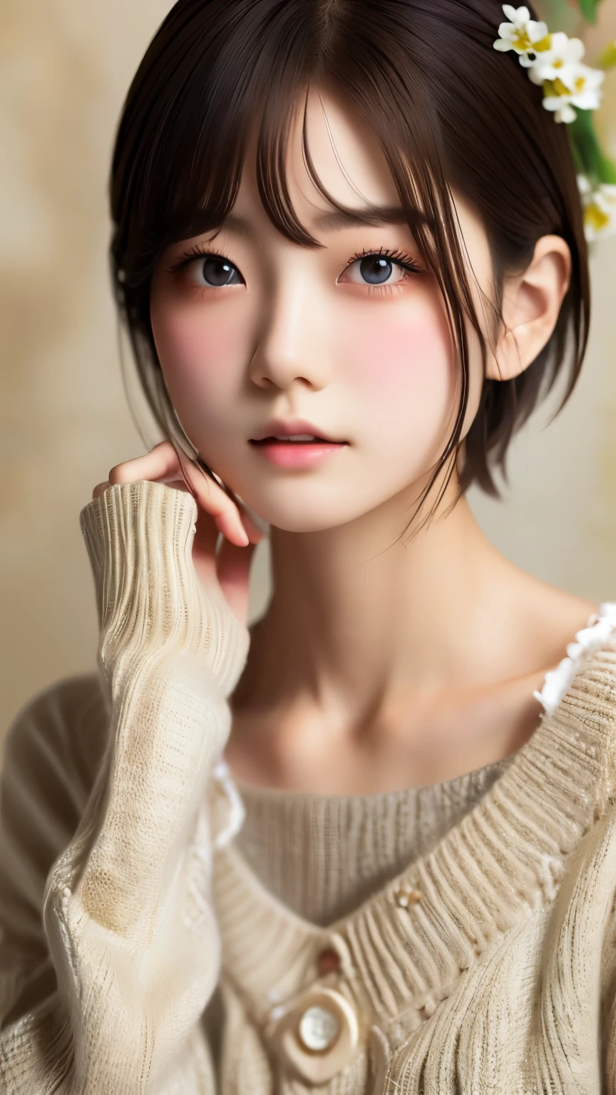 (RAW Photos, Highest quality, masterpiece: 1.2), (Realistic: 1.4), 1, Beautiful Korean Girl,  alone, Detailed aspect, Detail Eyes, Detailed skin, Light grey eyes, Light grey hair, Short straight bob cut, Symmetrical eyes, Mid-chest, Like a model, View your viewers, 