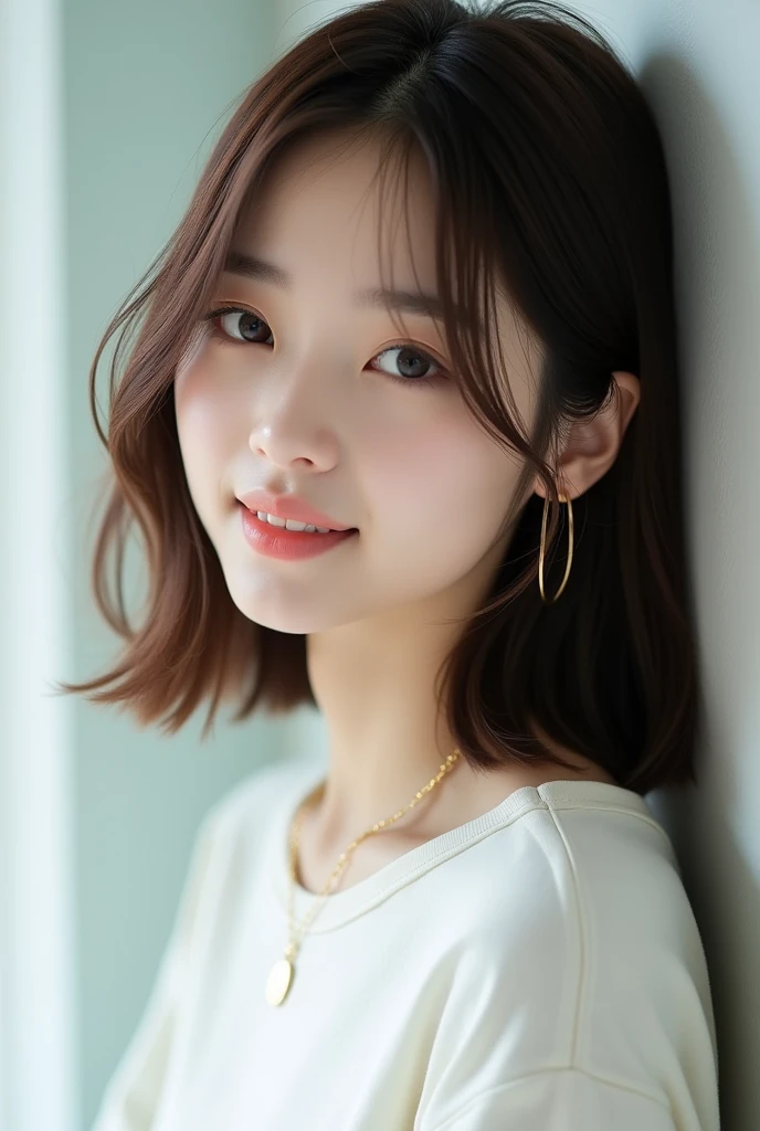 high resolution、A transparent Japanese woman、looking at the camera、body is angled、smile、Moist and shiny hair、Thready hair、cute、Brown Hair、Beautiful young woman who looks like a model、Leaning against a wall、Big eyes、Outline of an inverted triangle、face is slanted４５Every time、Straight Hair、The tips are heavy、White crew neck half sleeve top、Hide your chest、Attractive features、Big eyes、Beautiful woman、hoop gold earrings、Long, diagonally swaying bangs、Beautiful like a celebrity、A trendy blunt hairstyle with little volume、Naturally flowing bangs、No bangs standing up、Smooth surface hair、Simple chain necklace、A fashionable atmosphere、A mature bob with less volume on top、The hair around the face falls smoothly onto the face.、Natural Makeup、Collarbone-length hair、Silky Smooth Straight Hair、Cohesive hair、Straight Hair that is smooth to the ends、Straightener
