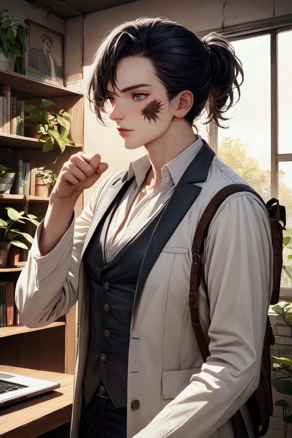 (pose))), (photorealistic photo: 1.3), rim luzing, (high detailed leather:1.2), 8k hd, DSLR, high quality, High resolution, 4k, 8k, bokeh, absurd, (real:1.3), (((Detail on face))), (((body details))), (detail in clothing))), ((detalle en bottom))), ((semi realistic anime))
character: Tall Man, good physique, fit, attractive, the most beautiful man, Without beard, long black hair, White skin, grayish green eyes, young adult.
CLOTHES; White coat, black vest, White shirt, Black pants.
bottom: Psychiatric hospital, Psychiatrist's Office (black wood desk, laptop, plants, cream walls, shelf with books, paintings. peace, calm)
pose: safe, confident, fun, en calm.