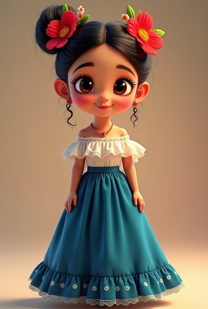 Pixar-like image of a Mexican girl from the front, full body, , with a long blue skirt and a white off-the-shoulder blouse with frills, with a bun and red flowers on her head