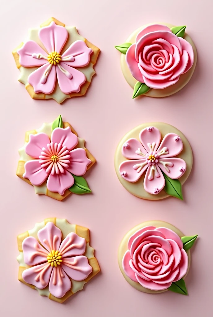 I want to make cute icing cookies.。Please design 8 pink floral designs.。