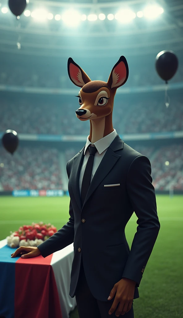 a muscular bambi, puffed chest, wearing a black suit, inside a soccer stadium, sadly seeing a coffin with a flag over it highlighted in the colors blue, white, red, black balloons flying in the wind