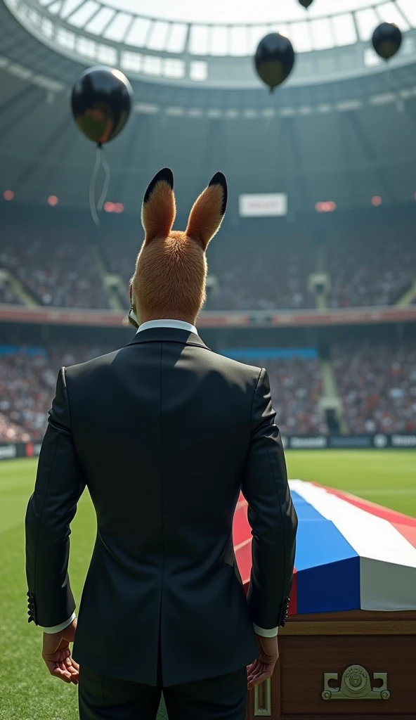 a muscular bambi, puffed chest, wearing a black suit, inside a soccer stadium, sadly seeing a coffin with a flag over it highlighted in the colors blue, white, red, black balloons flying in the wind