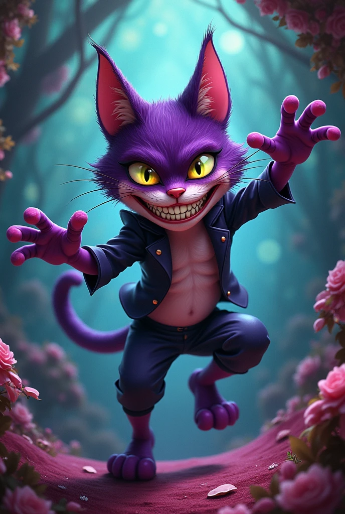 Jeon jungkook male cosplay of the smiling cat from Alice in wonderland humanized jungkook atmosphere of tim burton cheshire human