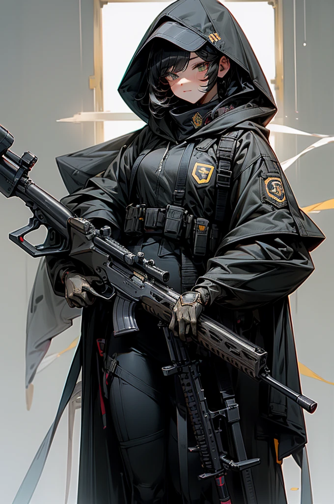 Highest quality、Anatomically correct、Huge rifle、Anti-material rifles、Huge Scope、The right gun、Heavily Armed Girl、Black haired girl wearing a hood、M82、Complete Gun、Black gun、Metallic、perfect guns、Perfect Stock、An unassuming gun、M82のようなAnti-material rifles
