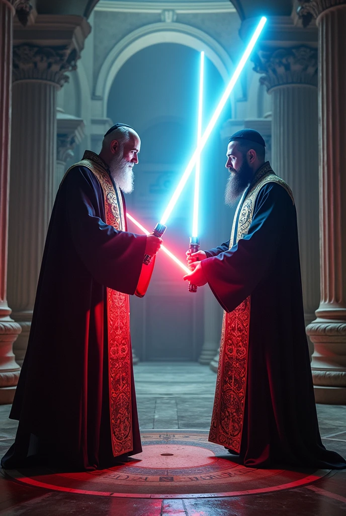 Priest fighting with lightsaber against a rabbi 