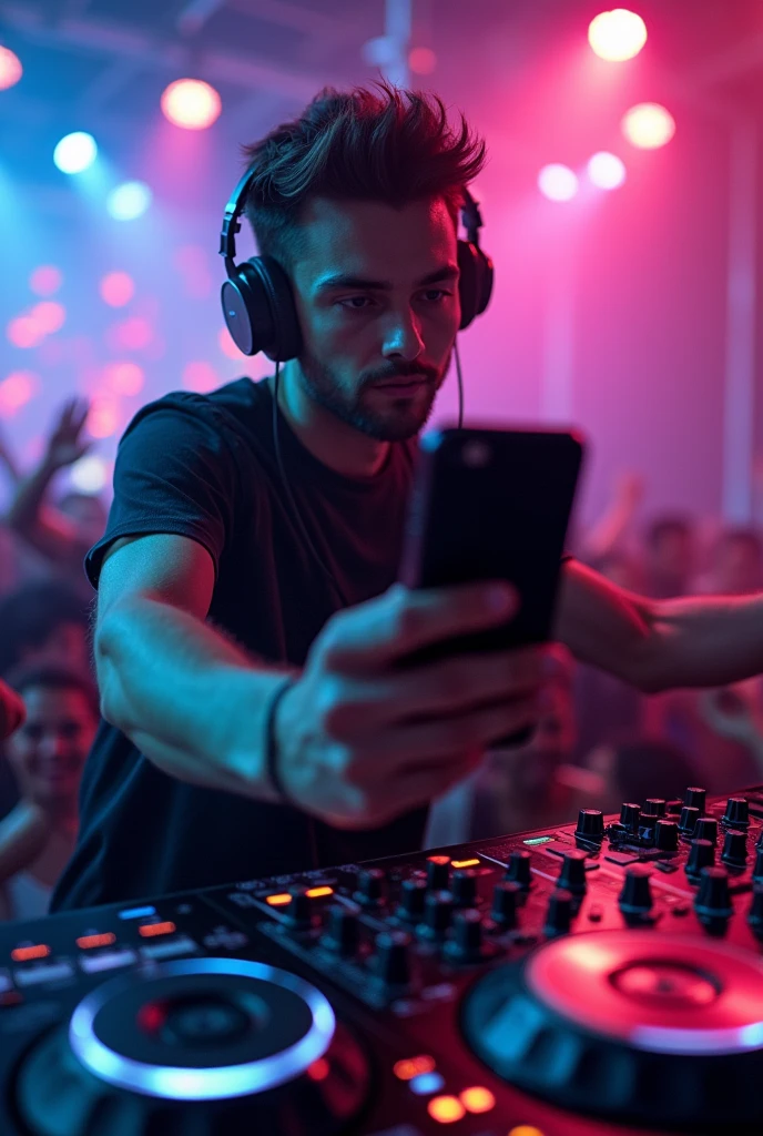 DJ with cell phone in hand 
