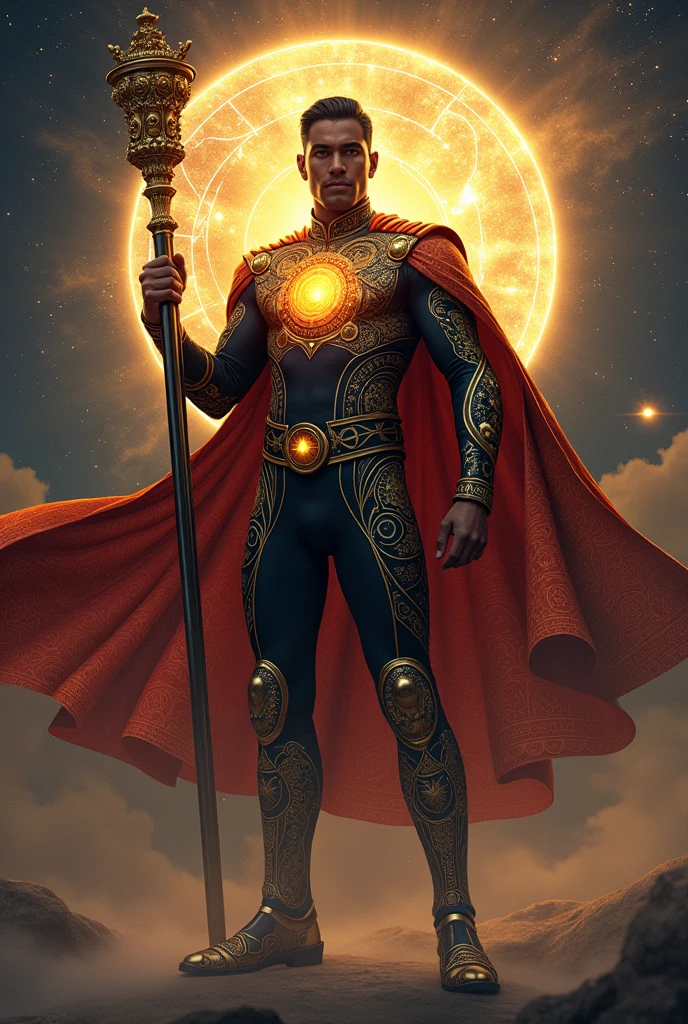 Aryabhatta as a brilliant superhero who wields the magical power of astronomy and mathematics. His suit is adorned with a glowing, stylized model of the solar system, and his eyes shine with a deep understanding of the universe. He holds a staff that channels his mastery over celestial mechanics, summoning gravitational waves and unlocking the secrets of the cosmos. His cape flows with a mesmerizing pattern of astronomical symbols, symbolizing his groundbreaking contributions to the field of astronomy and his role as a pioneer in Indian scientific thought.