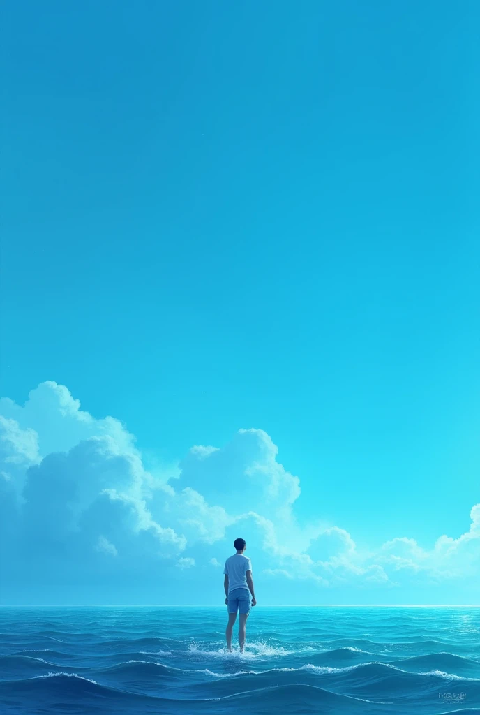 A guy standing in blue and white ocean and dramatic blue sky