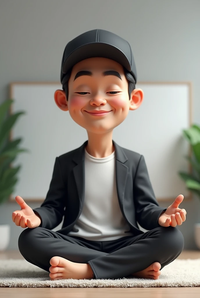 4d caricature,Indonesian man,3,neat straight hair,wearing a black cap for prayer,white shirt long sleeve black blazer,cloth pants,sitting on the carpet with legs crossed,smile,plain grey background with white board behind it hyper realistic,ultrahd,super image quality, 16k