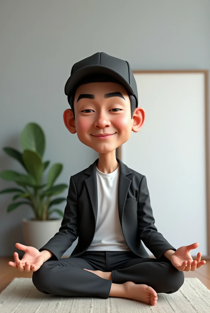 4d caricature,Indonesian man,3,neat straight hair,wearing a black cap for prayer,white shirt long sleeve black blazer,cloth pants,sitting on the carpet with legs crossed,smile,plain grey background with white board behind it hyper realistic,ultrahd,super image quality, 16k