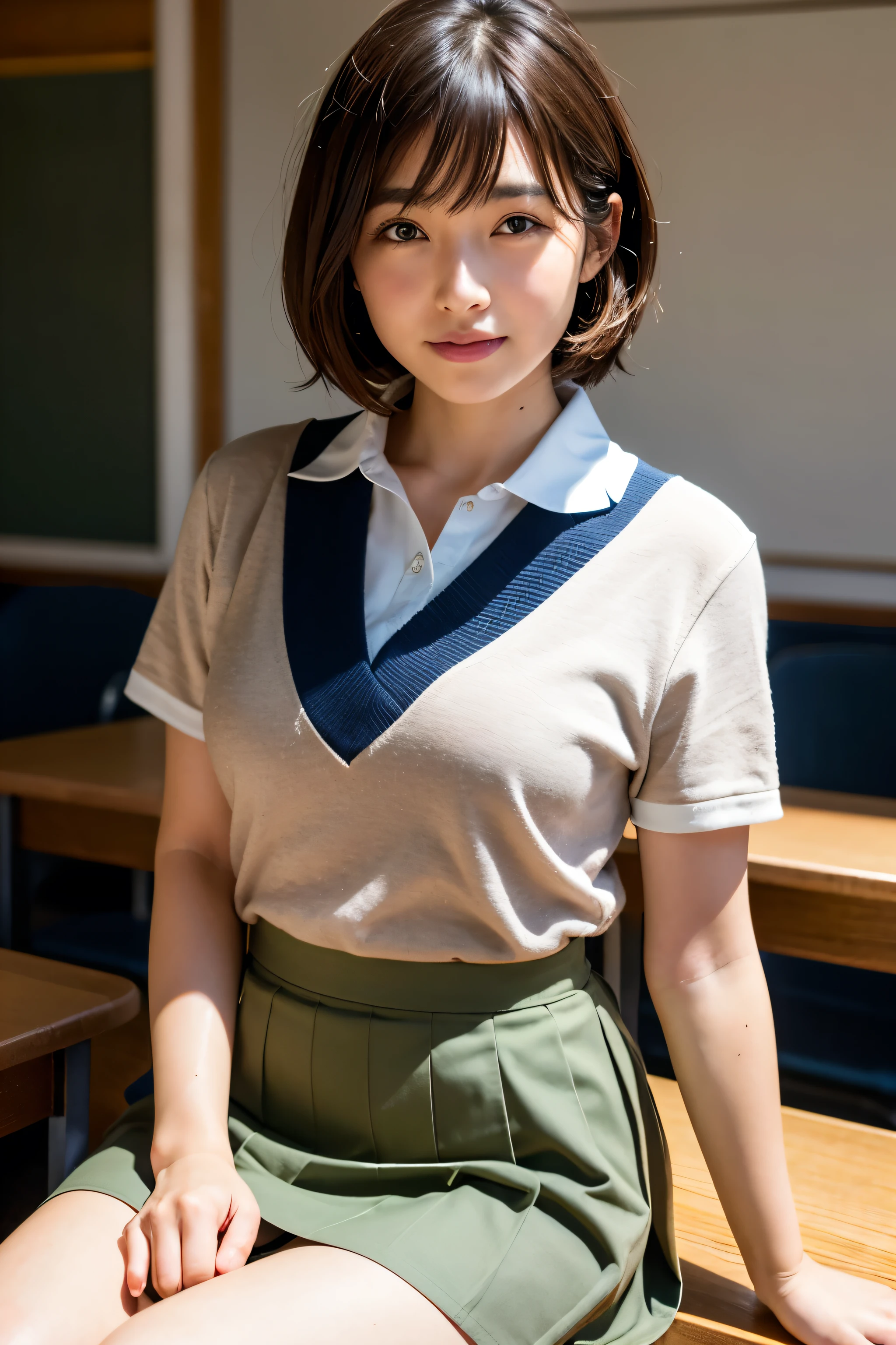 Highest quality, Face Focus, Soft Light, Ultra-high resolution, (Realistic:1.4), RAW Photos, 1 Japanese girl, alone, cute, (A shy smile:0.5), (Brown eyes, Light in your eyes), Beautiful face in every detail, (Small box),(High resolution detail of human skin texture), (Short Bob Hair), break, In the classroom,Navy uniform, Best, skirt