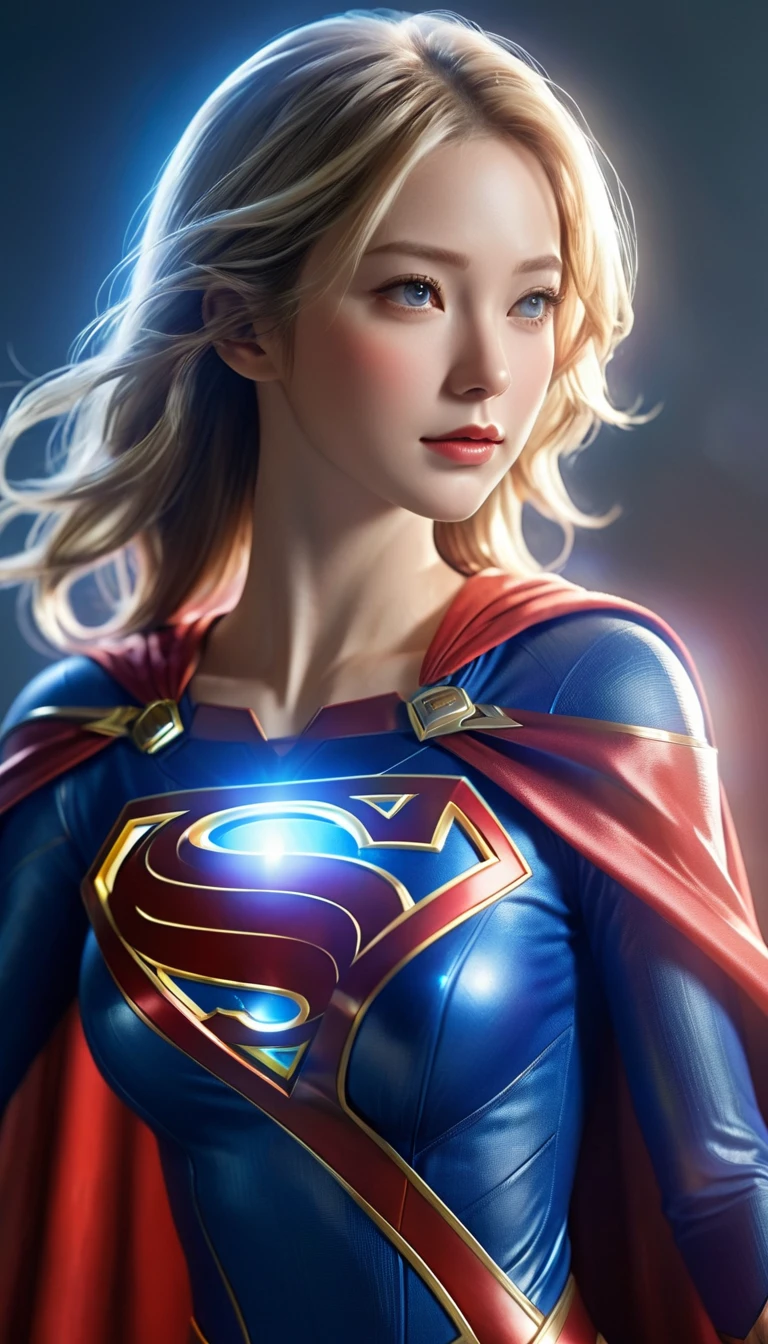 high-quality realistic image, most detailed 16k, professional photography, imaginative scene, Supergirl wearing a sexy tech armor, perfect figure with a cape and the letter "S" on her chest. alluring dynamic pose, sexy imaginative Supergirl, average chest.