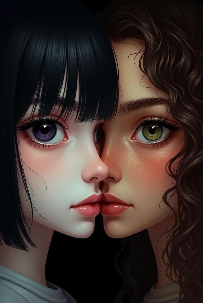 Create a book cover where the background is black, and in front of him are the half faces of two people, a girl with short straight black hair, white skin and black eyes and a slight purple in the eyes, on the other one with curly hair, warm tanned skin, freckles and olive green eyes.
