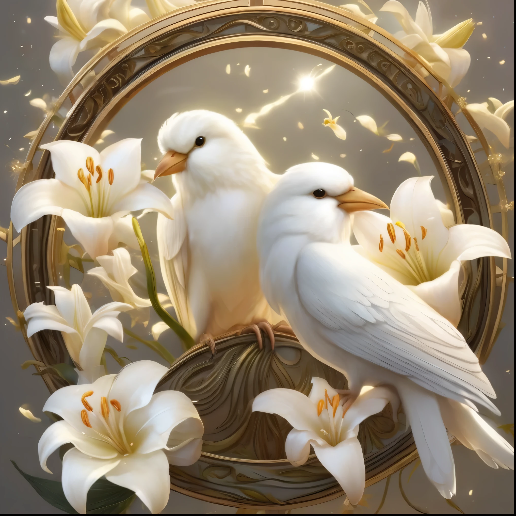 Two white canaries, white lilies, parents, happiness, love wind, freedom, eternity, love, universe, heart angel, god, sun, moon, pink sweet pea, wings, fantasy, sea
