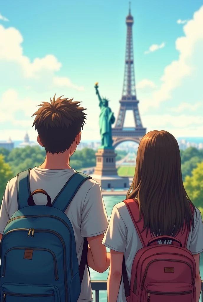 Very real images: The country of the USA in the background with the Statue of Liberty and next to it the country of France in the background with the Eiffel Tower, 2 real students with backpack happily admiring.