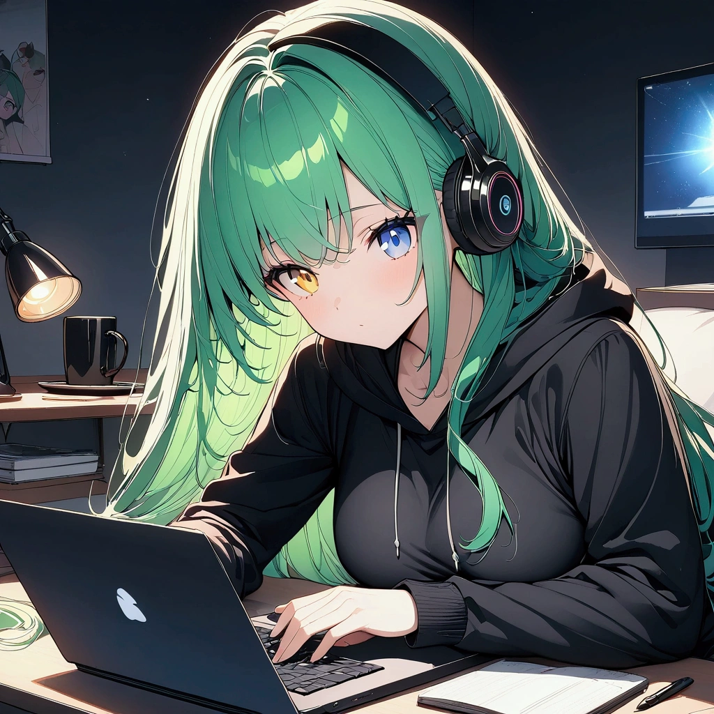 (((anime))) One Woman,I am using the computer on my desk,Hands on the keyboard,Long Hair,(Green Hair),Bangs parted in the center,Headphones,Heterochromia iridis,((blue eyes)),Yellow Eyes,Big Eyes,Looking at a laptop. Black hoodie., Coffee cup on a desk in a dark room,Backlit by a computer,Backlight,masterpiece,Highest quality,Exquisite,8k,Absurd,Ultra-fine illustrations