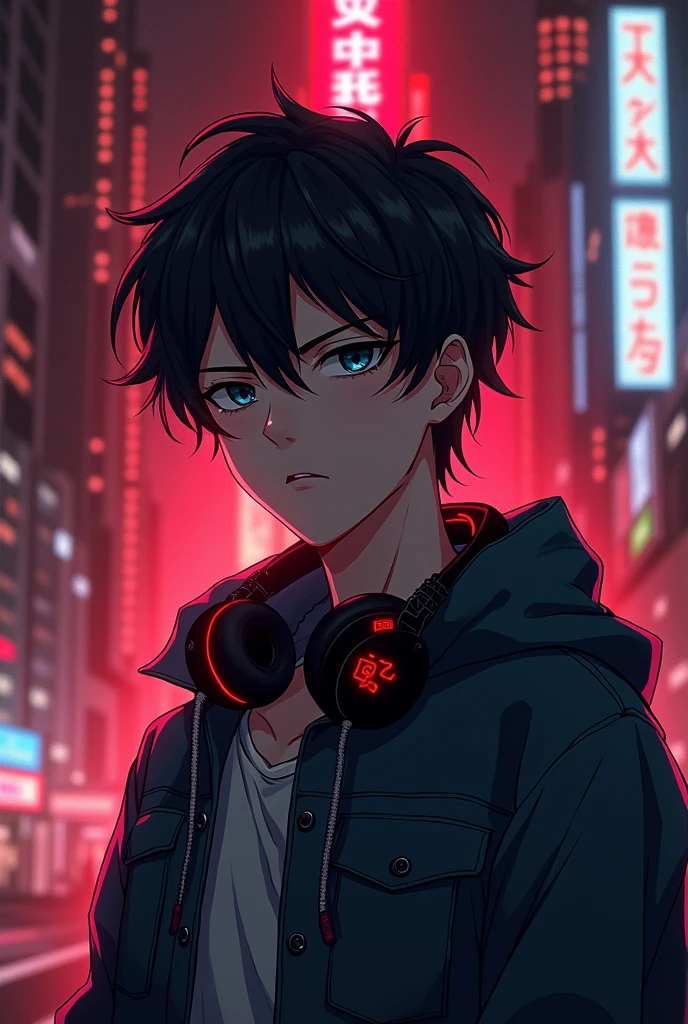 A 2 anime boy half body with a reddish night city landscape background with headphones, just a boy with a serious look without blushing