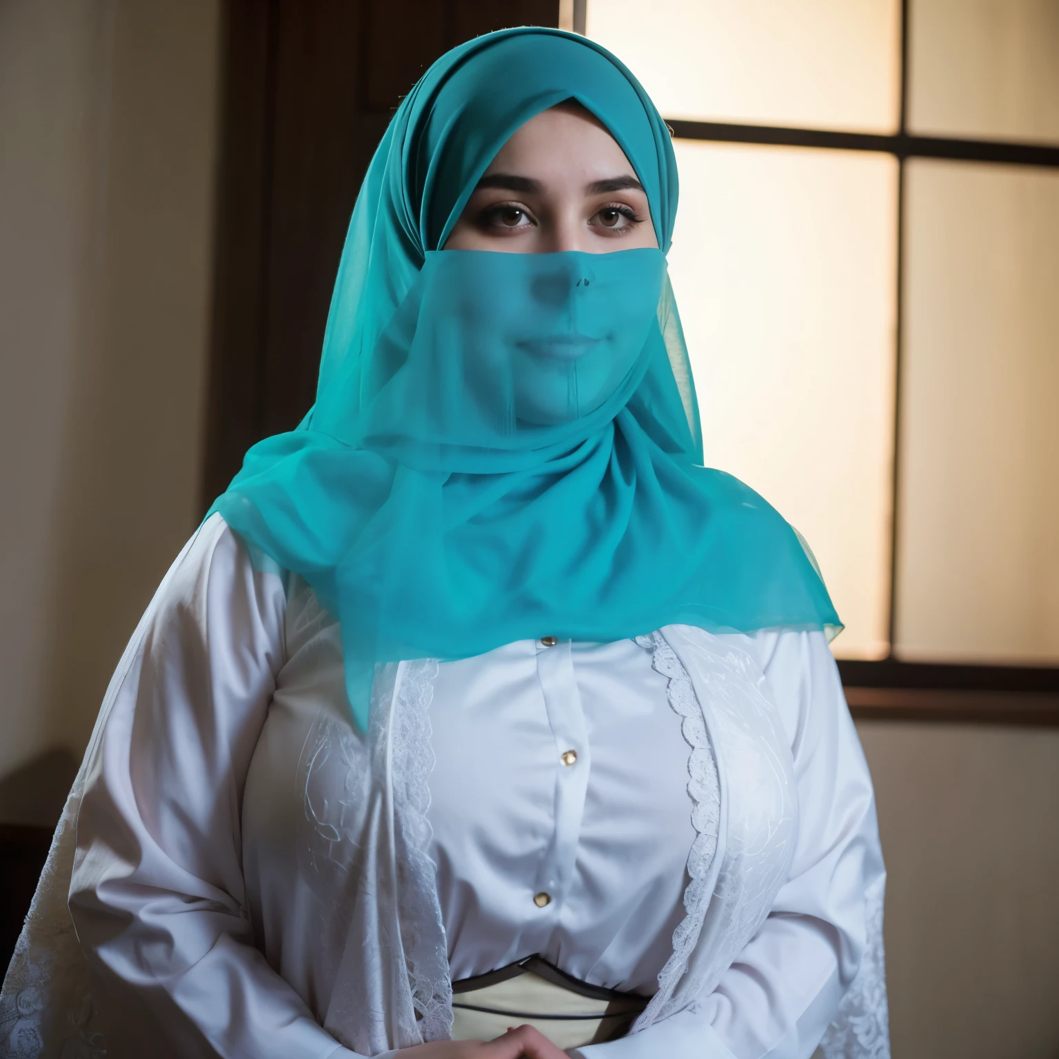 1 girl, tall vampire, closeup, pale skin , plus size body, big breasts, corset, burgundy hair color, tied hair with band, winged eyeliner, brown eyes, dark lipstick, hijab
