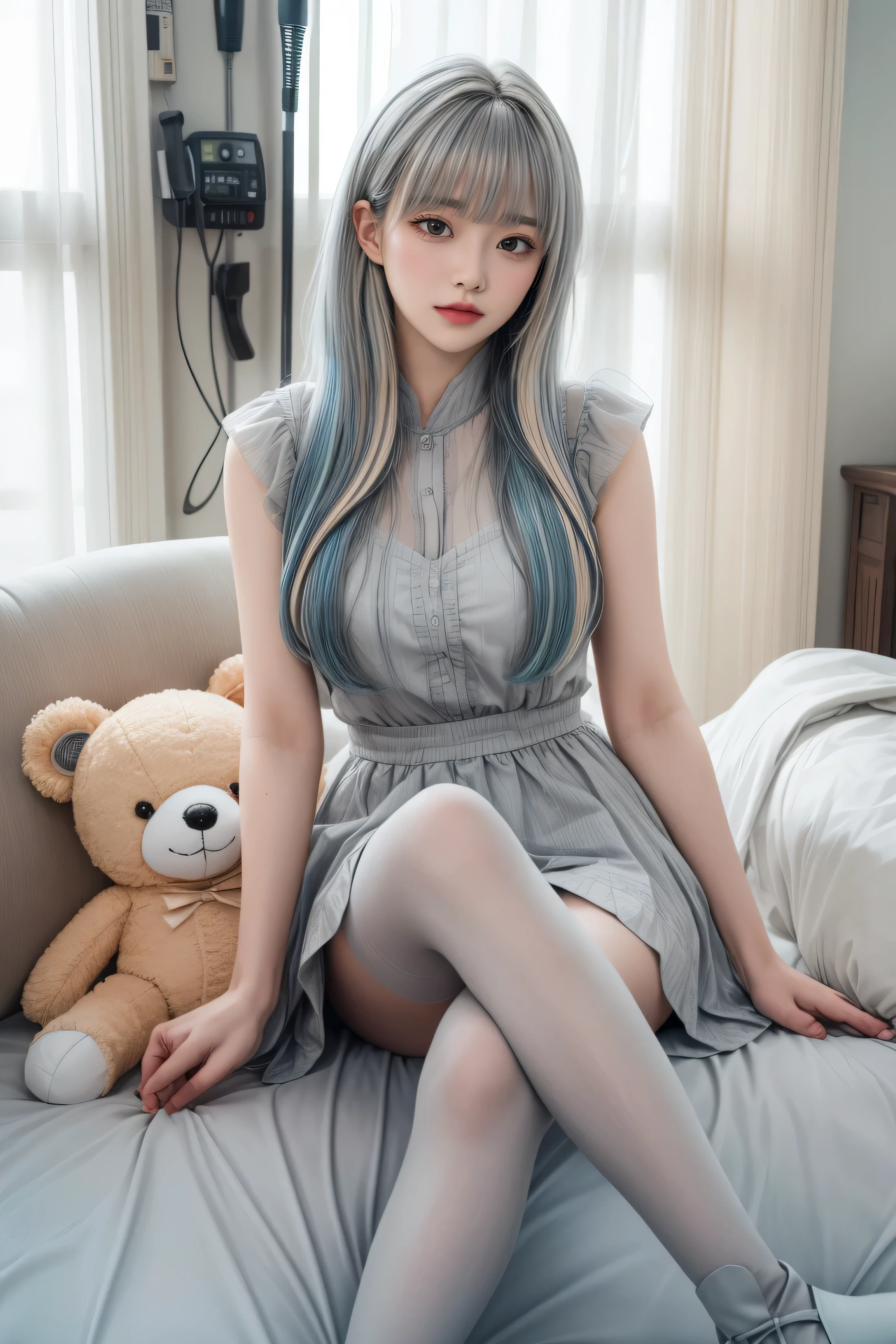 (sitting cross-legged on the bed)、Mature Woman、Light blue hair、((Light grey hair))、(((Two-tone hair)))、Black taupe dress with delicate light blue decoration、Slender women、Cute Woman、 8K Ultra HD,Detailed face、Delicate texture, Long Hair、(((Blunt bangs)))、(((Drill Hair)))、Tutu skirt、Thigh-length tights、short boots、((Oriental router))、mini skirt、A room in a Western-style building、((Delicate photo))，(Girl Astepeace RAW Photo Details:1.25), (Highest quality:1.6), (Ultra-high resolution:1.5), (Realistic:1.75), 8k resolution, Canon EOS R5, 50mm, Absurd, Very detailed,Cinema Lighting、((stuffed toy:1.3))、Browsing Caution:1.5(Full Body Shot)