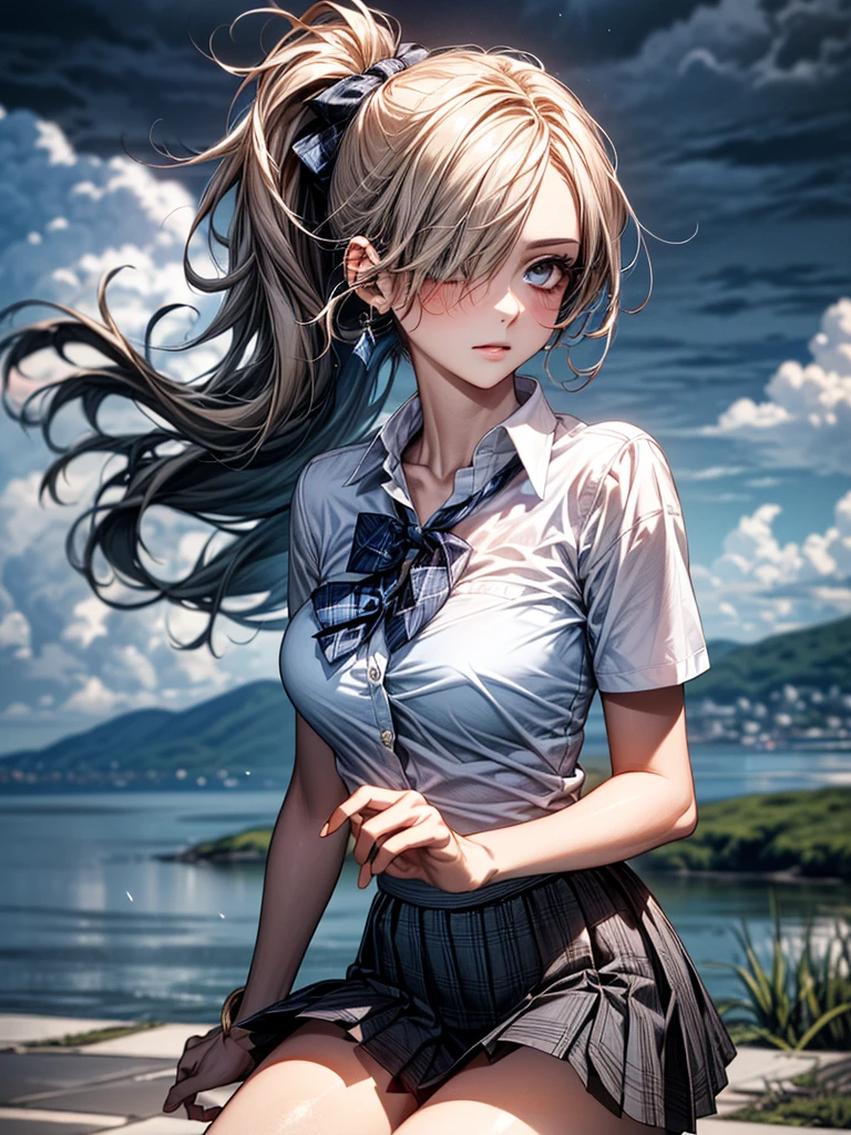 (SFW:1.5) ,Ultra high definition, High detail, Textured skin, retina, High resolution,
(masterpiece:1.2, top-quality), (realistic, photorealistic:1.4), beautiful illustration,
looking at viewer, front view:0.6,
1 girl, japanese, high school girl, blown hair, (side ponytail), hair over one eye, large breasts:0.8,
beautiful hair, beautiful face, beautiful detailed eyes, beautiful clavicle, beautiful body, beautiful chest, beautiful thigh, beautiful legs, beautiful fingers,
(beautiful scenery), Residential area
((collared short sleeve shirt, white shirt, , grey plaid pleated skirt, blue plaid bow tie)),
(squat, grab the hem of the skirt, hands on chest, hand between leglush,(Portrait Angle)(the wind is strong、Dark cloudy sky:1.5)(Hair blowing in the wind)(A typhoon is approaching)