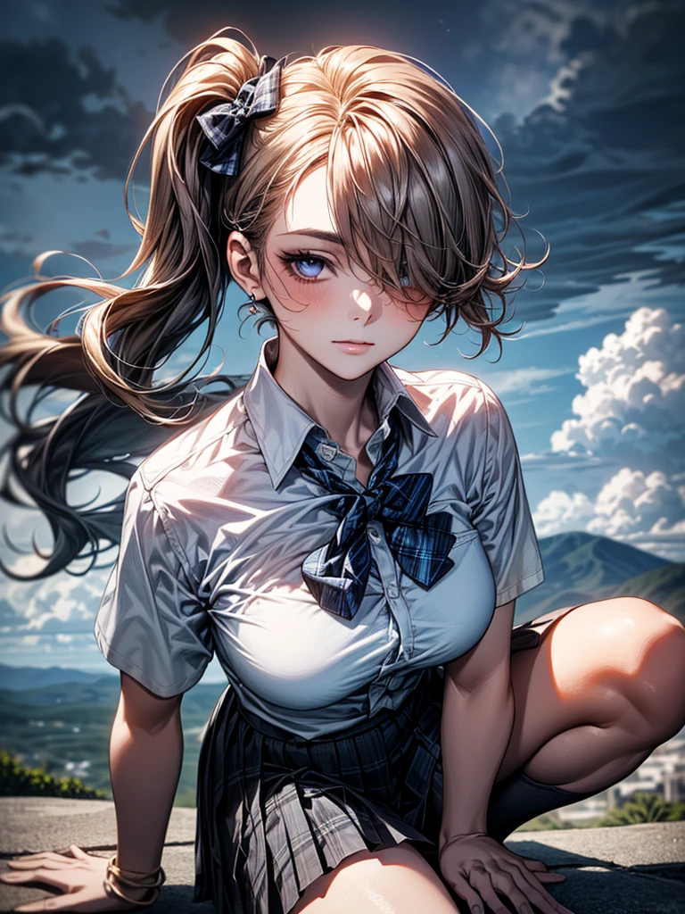 (SFW:1.5) ,Ultra high definition, High detail, Textured skin, retina, High resolution,
(masterpiece:1.2, top-quality), (realistic, photorealistic:1.4), beautiful illustration,
looking at viewer, front view:0.6,
1 girl, japanese, high school girl, blown hair, (side ponytail), hair over one eye, large breasts:0.8,
beautiful hair, beautiful face, beautiful detailed eyes, beautiful clavicle, beautiful body, beautiful chest, beautiful thigh, beautiful legs, beautiful fingers,
(beautiful scenery), Residential area
((collared short sleeve shirt, white shirt, , grey plaid pleated skirt, blue plaid bow tie)),
(squat, grab the hem of the skirt, hands on chest, hand between leglush,(Portrait Angle)(the wind is strong、Dark cloudy sky:1.5)(Hair blowing in the wind)(A typhoon is approaching)