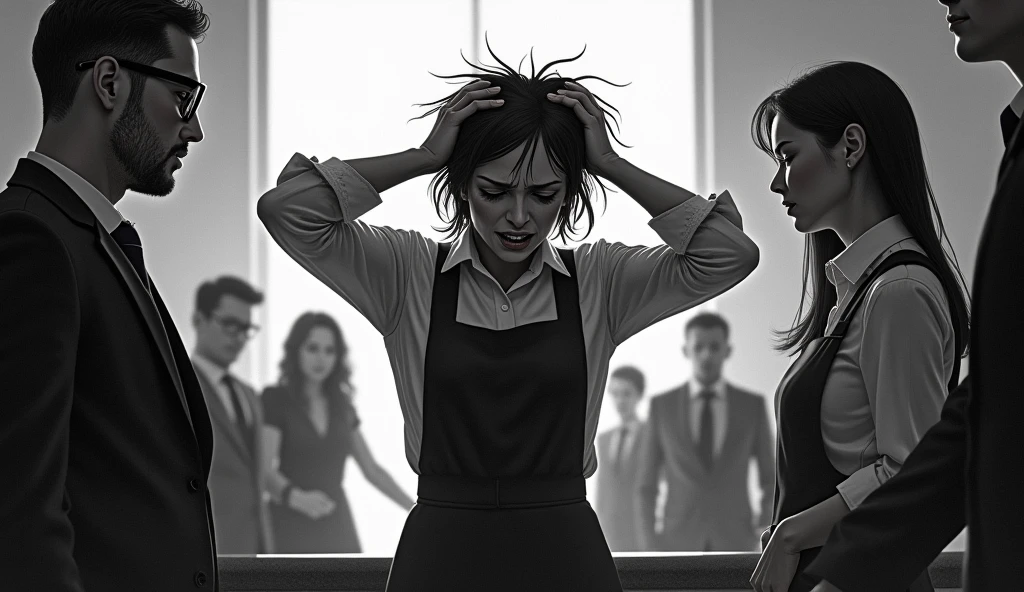 { "prompt": "A powerful thumbnail. The image must be realistic and illustrative, mainly in black and white. Show a person in an attendant's uniform in the underemployed screaming with his hands on his head, he is pulling his hair, as if he is in despair for can't handle the pressure of work anymore, The face with expression showing exhaustion, your boss and clients are pressing you around. The entire image should be in black and white, but the main point should be highlighted in vibrant colors to draw attention to. the central theme.” "settings": { "style": "realistic and illustrative", "lighting": "high contrast", "detail_level": "high", "color_scheme": "black and white with bright color focal point", "emphasis": "social media icons and the person's expression", "size": "1280x720" } }