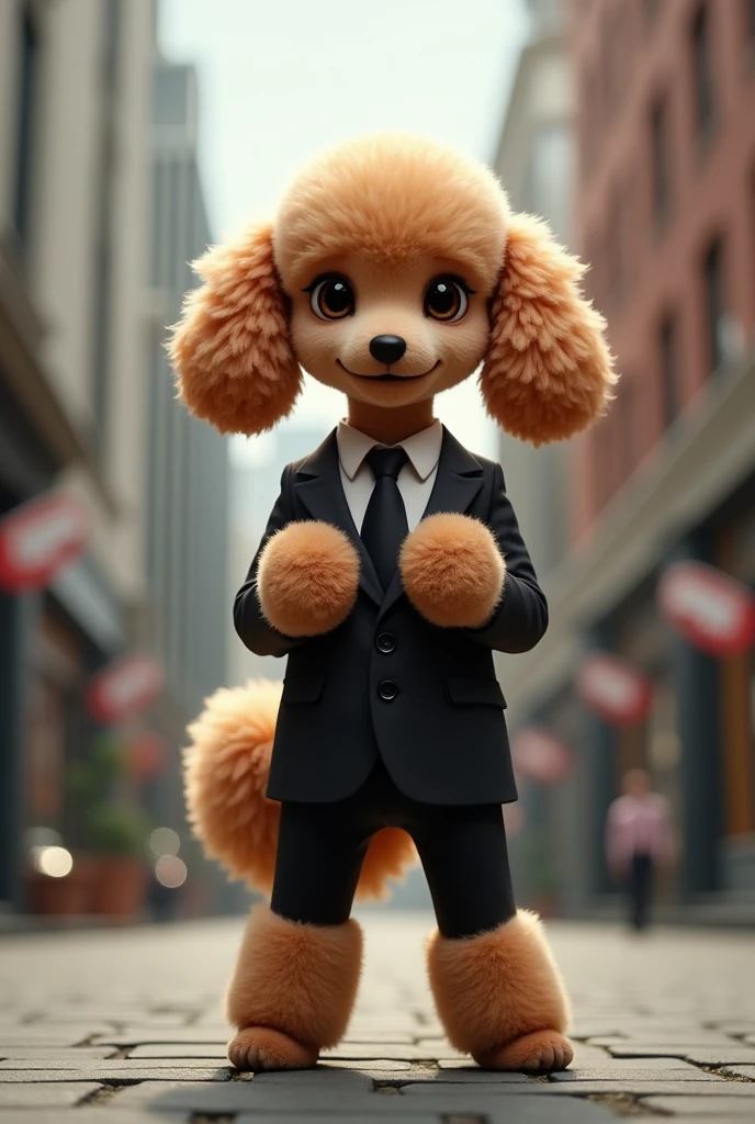 A small poodle standing facing forward with its front legs raised。
Big eyes with a cute, human-like expression。Slightly larger head than body。limbs are short。A fluffy, large tail。
Wearing a suit。Glossy texture。
The background is an office district