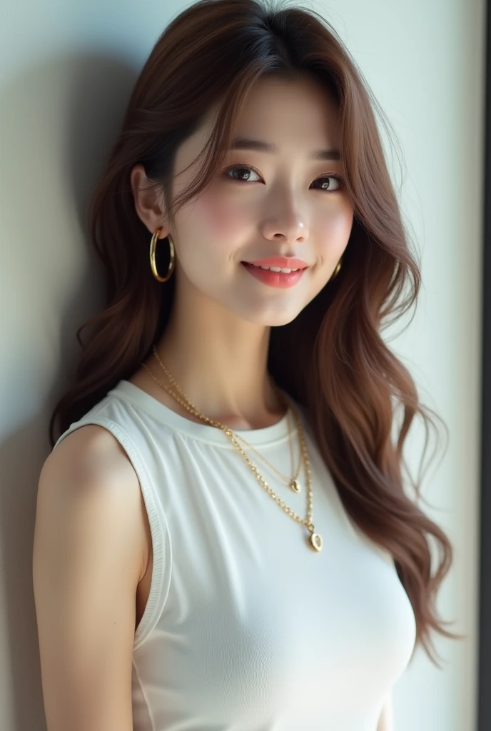 high resolution、A transparent Japanese woman、looking at the camera、body is angled、smile、Moist and shiny hair、Thready hair、cute、Brown Hair、Beautiful young woman who looks like a model、Leaning against a wall、Big eyes、Outline of an inverted triangle、face is slanted45Every time、Straight Hair、The tips are heavy、White crew neck half sleeve top、Hide your chest、Attractive features、Big eyes、Beautiful woman、hoop gold earrings、Long, diagonally swaying bangs、Beautiful like a celebrity、A trendy blunt hairstyle with little volume、Naturally flowing bangs、No bangs standing up、Smooth surface hair、Simple chain necklace、A fashionable atmosphere、A mature bob with less volume on top、The hair around the face falls smoothly onto the face.、Natural Makeup、Collarbone line hairstyle、サラサラの艶ありStraight Hair、Cohesive hair