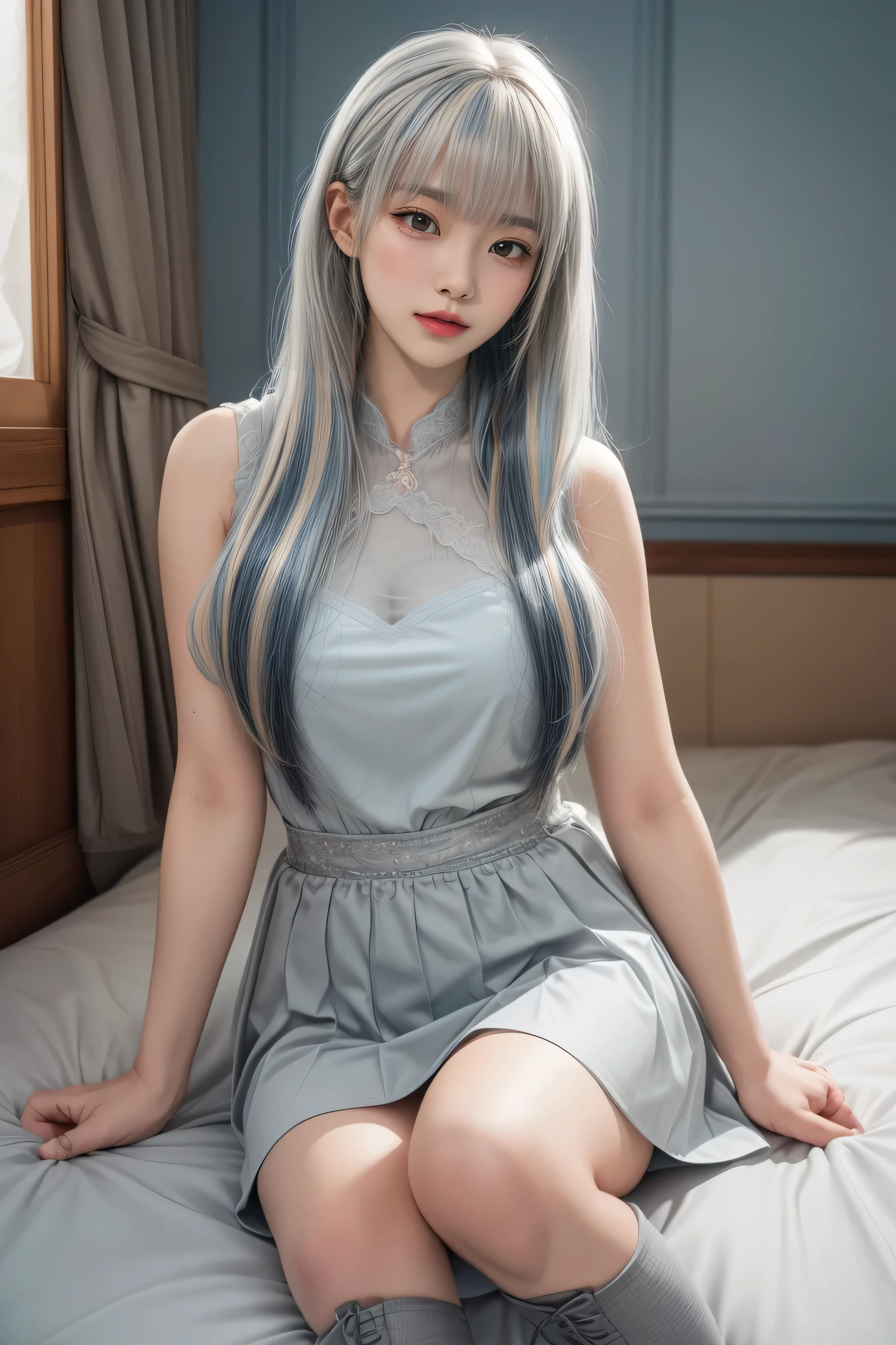 (sitting cross-legged on the bed)、Mature Woman、Light blue hair、((Light grey hair))、(((Two-tone hair)))、Black taupe dress with delicate light blue decoration、Slender women、Cute Woman、 8K Ultra HD,Detailed face、Delicate texture, Long Hair、(((Blunt bangs)))、(((Drill Hair)))、Tutu skirt、Thigh-length tights、short boots、((Oriental router))、mini skirt、A room in a Western-style building、((Delicate photo)),(Girl Astepeace RAW Photo Details:1.25), (Highest quality:1.6), (Ultra-high resolution:1.5), (Realistic:1.75), 8k resolution, Canon EOS R5, 50mm, Absurd, Very detailed,Cinema Lighting、((stuffed toy:1.3))、Browsing Caution:1.5(Full Body Shot)