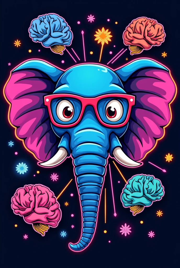 "A fun, cartoonish neon-style emblem featuring the head of an elephant wearing 90s-00s fashion glasses. The elephant's head is surrounded by colorful, simplified human brain icons, with neon lines connecting them to suggest a psychological theme. Additional elements include playful, exaggerated psychology symbols like a cartoon neuron or a whimsical Rorschach inkblot. The entire design, including the outlines, is rendered in bright neon lines and set against a dark background, leaving plenty of open space for adding large text, perfect for a vibrant and energetic student party poster