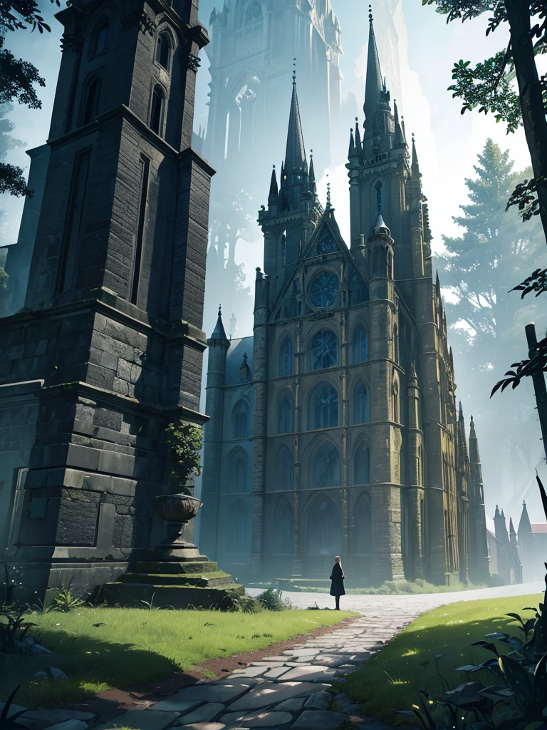 a majestic isolated castle nestled in a lush forest, intricate gothic architecture, ornate turrets and towers, expansive stone walls, winding cobblestone paths, ferns and mossy undergrowth,dramatic lighting, cinematic composition, (best quality,4k,8k,highres,masterpiece:1.2),ultra-detailed,award winning, epic, fantasy, moody, atmospheric