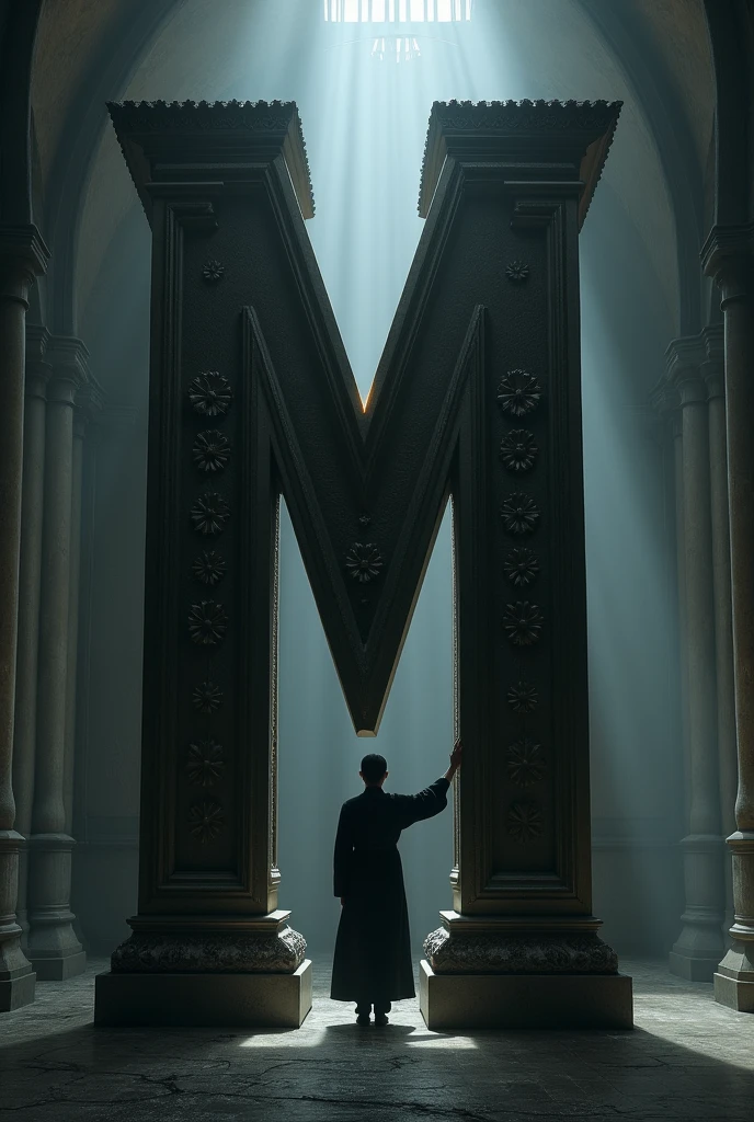 “A person leaning on a large letter ‘M’ in a dark room, wearing black
