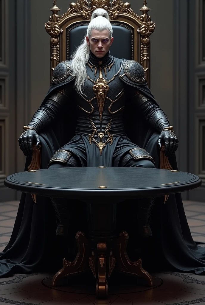 Create a handsome and intimidating prince of hell , that is with black armor, golden and with a layer, that she has long white hair tied in a high ponytail with some loose strands, purple eyes and sitting in a majestic chair with a circular black table in front of him 