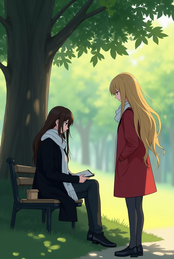 A young woman sits under a large tree in a public park. The young woman is wearing a black coat and a white scarf. Her long dark brown hair covers her face. Beside her is a small notebook. She seems to be concentrating on what's in the notebook, and a young woman wearing a bright red coat and white scarf with long golden hair greets her. A closer look.